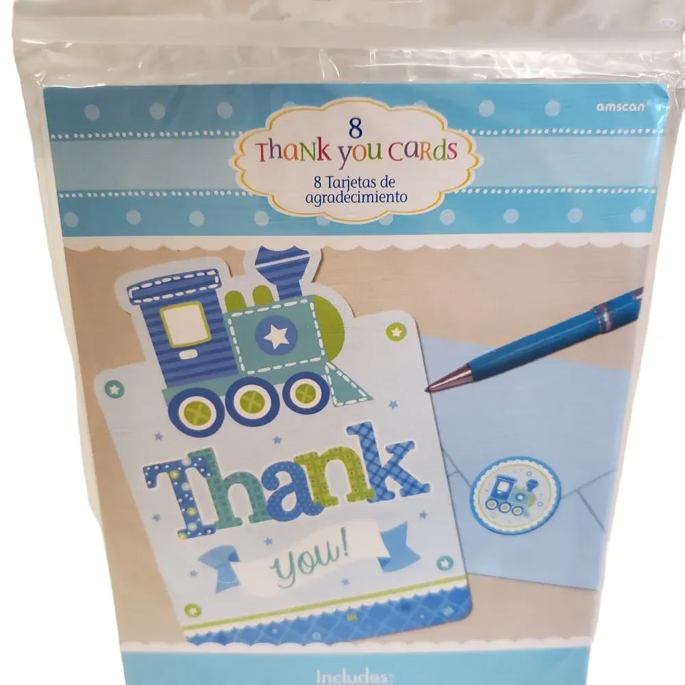 Baby Boy Thank You Cards Postcards Train Cards with Envelopes 8 Pack NEW